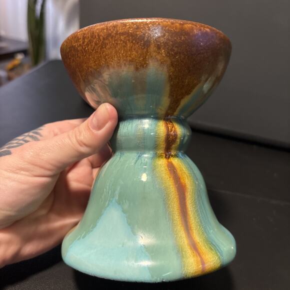 Set Of Three Ceramic Turquoise And Brown Glaze Candle Holders - Picture 5 of 16